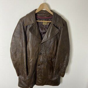 Vintage Rice Sportswear 70s Brown Leather Coat Plaid Lined Hipster Mod Men 44